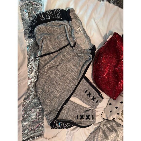 Vs Victorias secret PINK logo sequin bling lace up  sweatpants joggers sz X smal - Picture 5 of 5